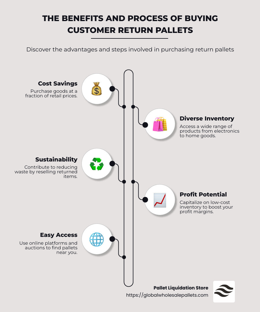 Infographic detailing the benefits and process of buying customer return pallets - customer return pallets for sale near me infographic infographic-line-5-steps-neat_beige