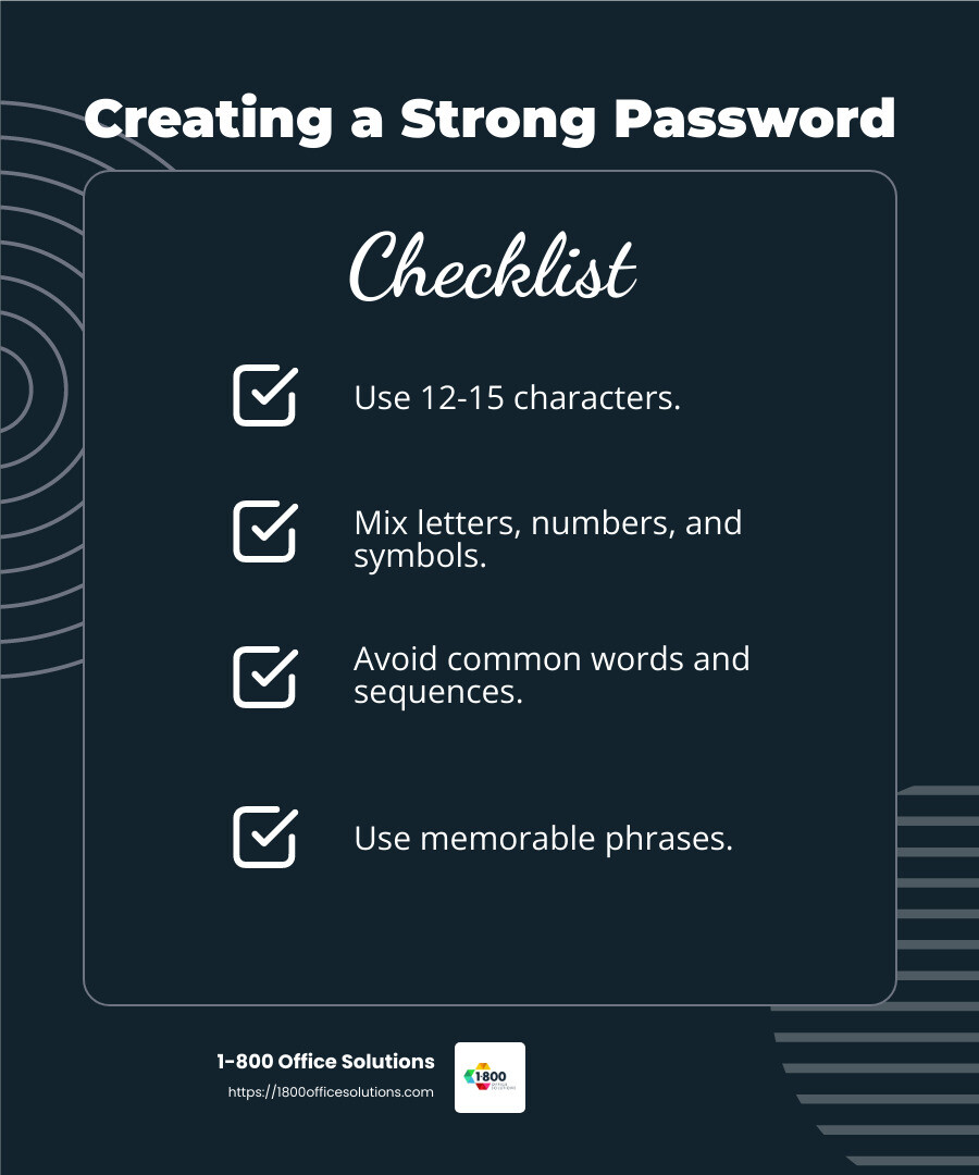 Choose a strong password to keep your account secure. - how to create new gmail account infographic checklist-dark-blue