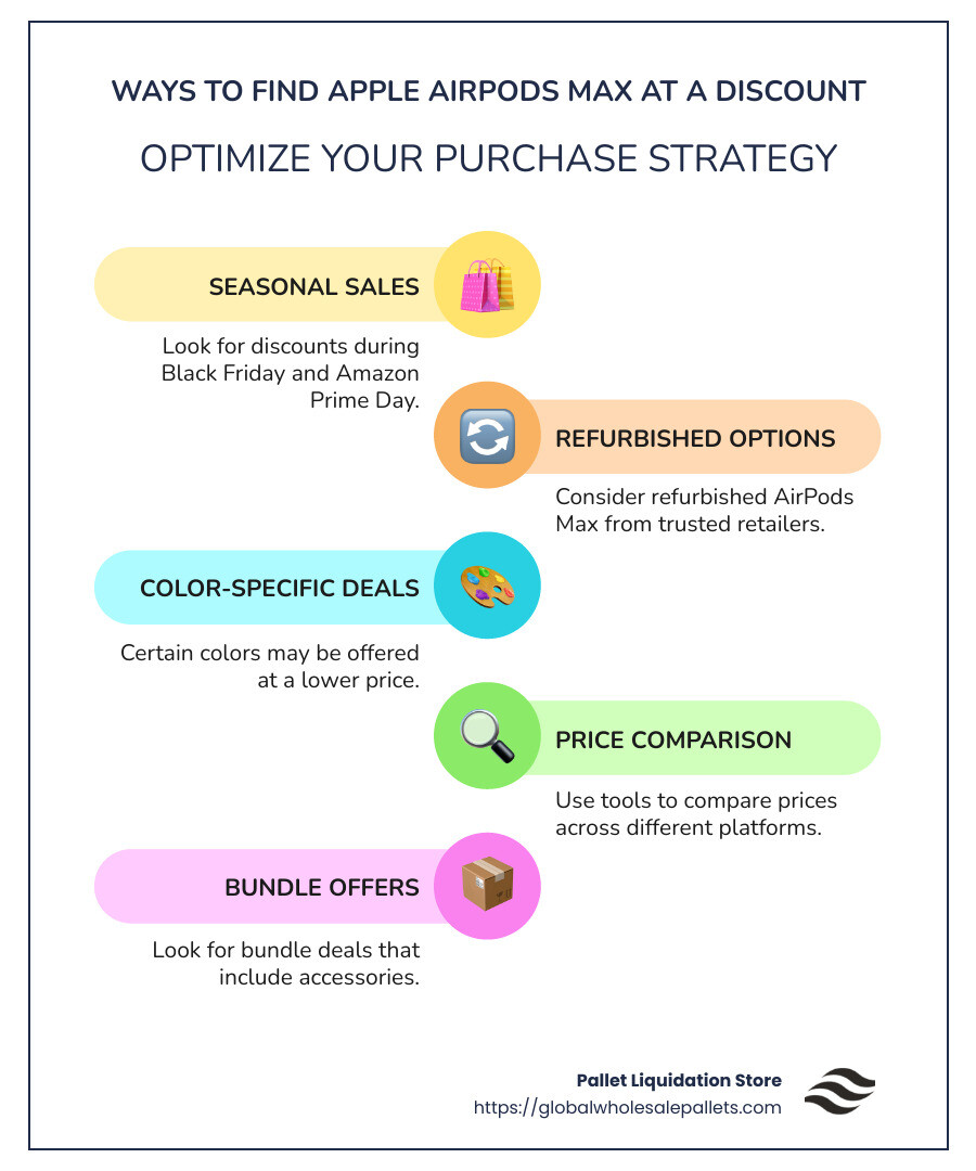 Infographic detailing multiple methods to find Apple AirPods Max at reduced prices, including various sales events, exploring refurbished models, and color-specific discounts - Apple AirPods Max cheap infographic infographic-line-5-steps-colors