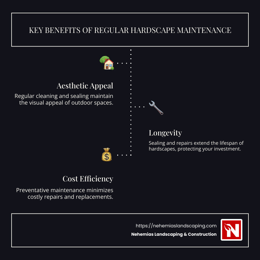 Benefits of Regular Hardscape Maintenance - Hardscape maintenance services infographic infographic-line-3-steps-dark