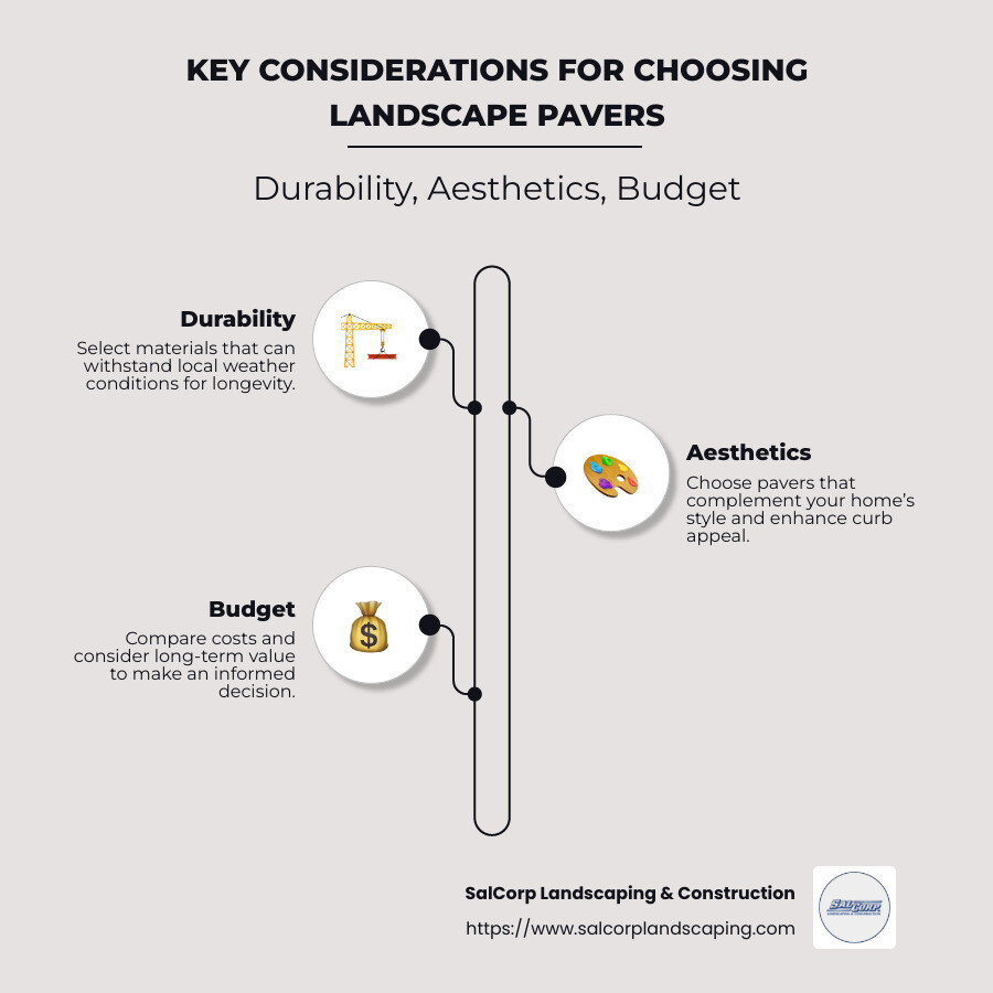 Key considerations for choosing landscape pavers infographic, including durability, aesthetics, budget, and suitability for weather conditions - landscape pavers near me infographic infographic-line-3-steps-neat_beige