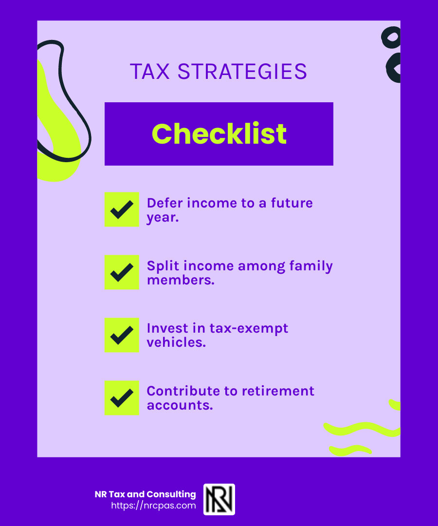 Tax saving strategies can help you keep more of your earnings. - Miami tax planning infographic checklist-fun-neon