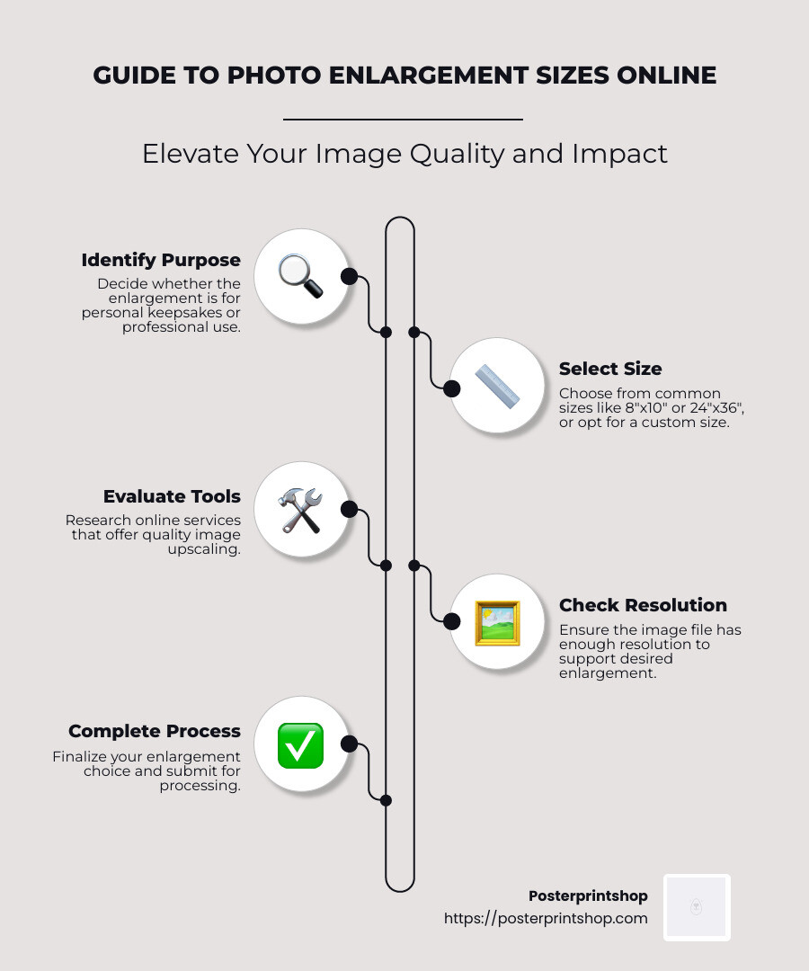 Infographic detailing common online photo enlargement sizes and selection tips - photo enlargement sizes online infographic infographic-line-5-steps-neat_beige