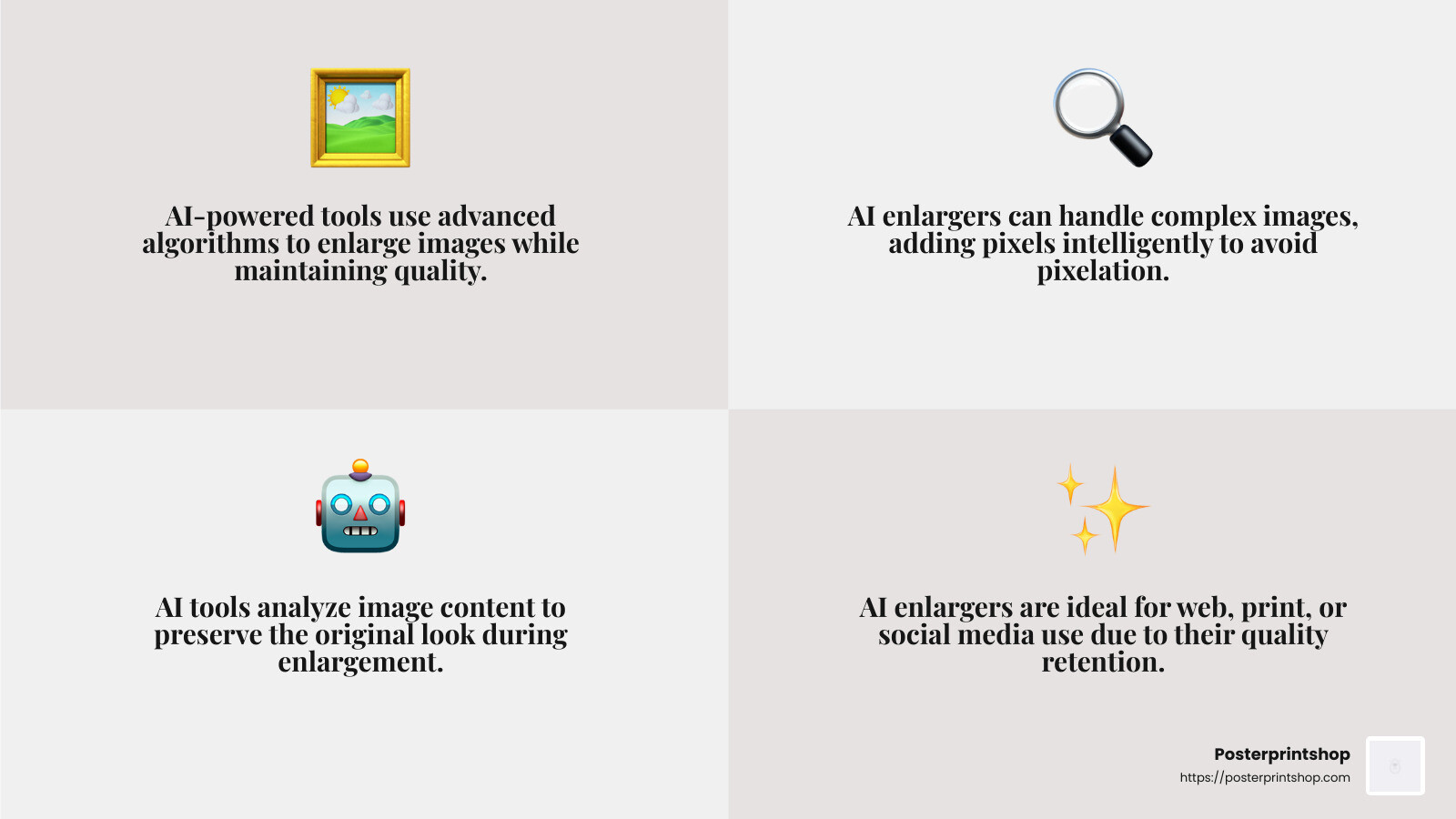 AI enlargers use advanced algorithms to maintain image quality during enlargement. - photo enlargement sizes online infographic 4_facts_emoji_grey