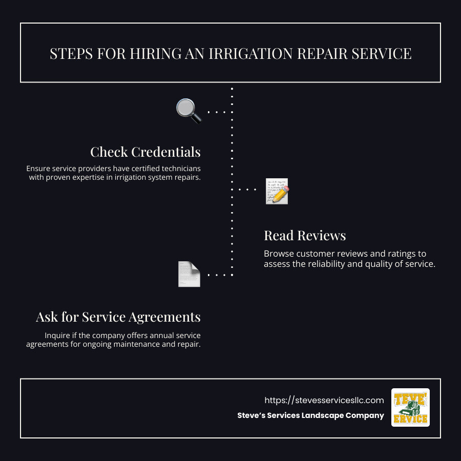 Infographic explaining steps for hiring an irrigation repair service, including checking credentials, reading reviews, and asking for service agreement details - irrigation system repairs near me infographic infographic-line-3-steps-dark