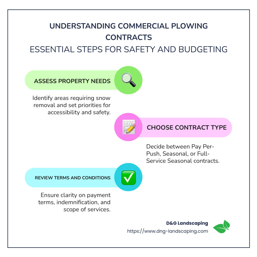 Step-by-step guide on commercial plowing contracts, including contract essentials, safety measures, and budget planning - commercial plowing contract infographic infographic-line-3-steps-colors