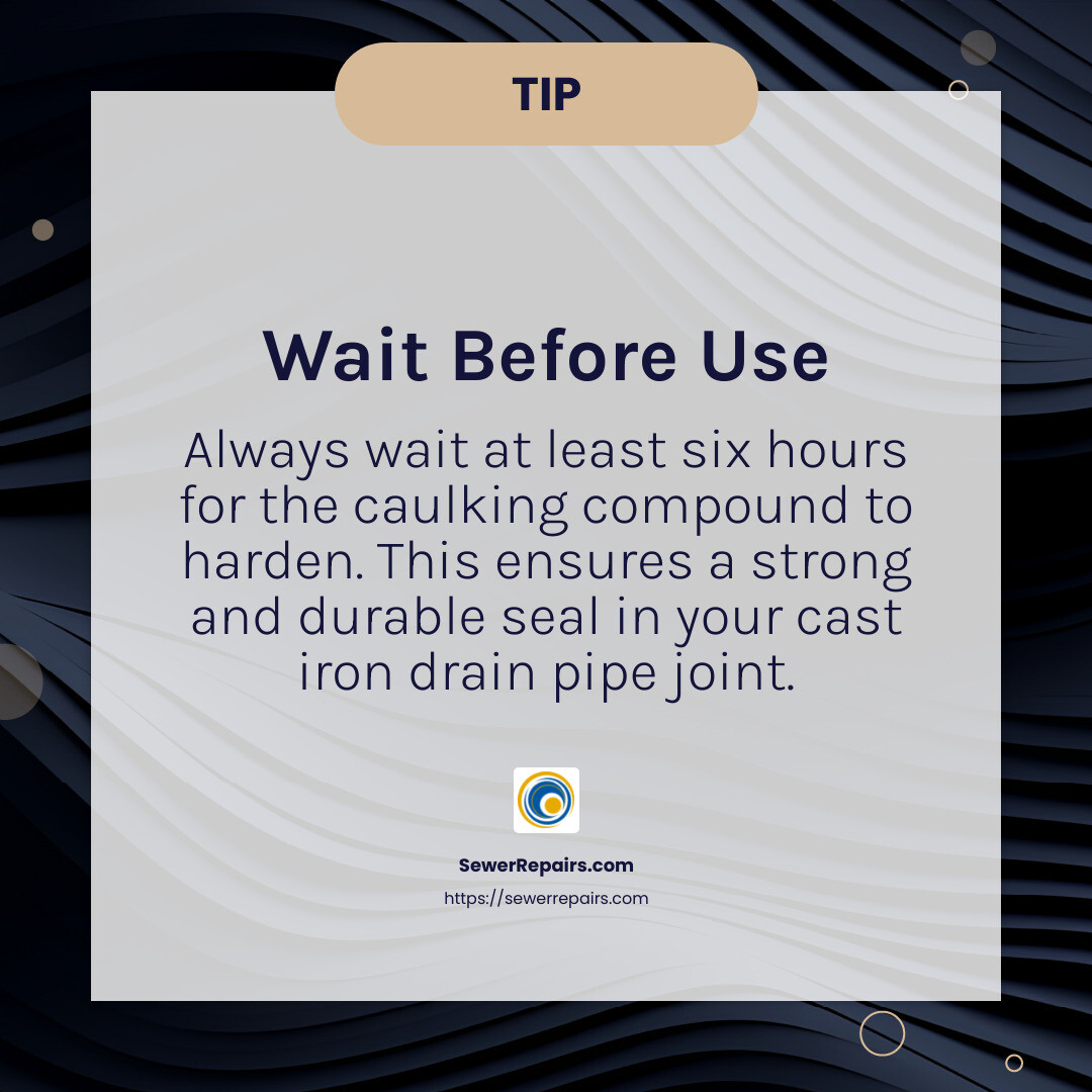 Expert Tip: Always wait at least six hours for the compound to harden before using the drainpipe. - how to repair cast iron drain pipe joint infographic simple-info-card-dark