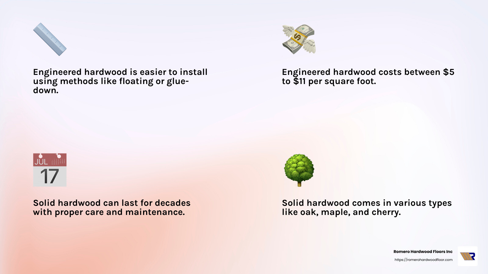 Understanding the differences between engineered and solid hardwood can help you make the best choice for your flooring needs. - hardwood flooring installation near me infographic 4_facts_emoji_light-gradient