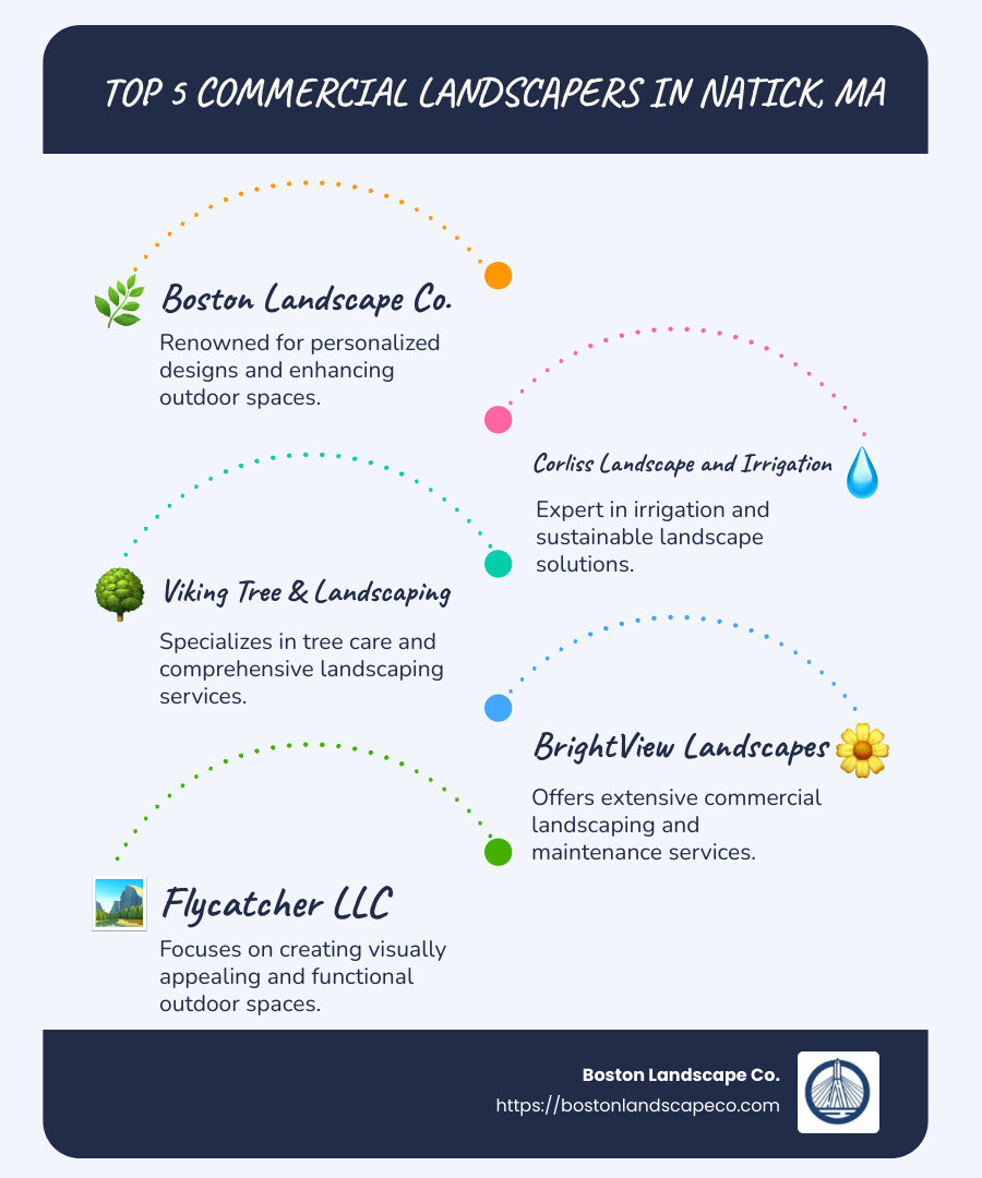 Infographic detailing top 5 commercial landscapers in Natick Massachusetts, showing company names, specializations, and service areas - Commercial Landscaper Natick Massachusetts infographic infographic-line-5-steps-blues-accent_colors
