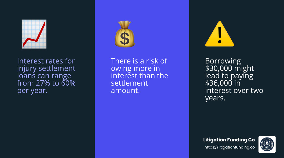 High interest rates on lawsuit loans can lead to significant debt if not managed carefully. - injury settlement loan infographic 3_facts_emoji_blue