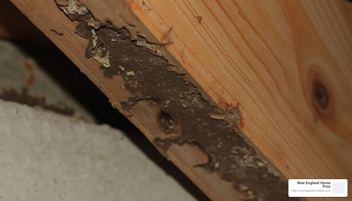 Signs of rot and insect damage in a wooden joist - basement finishing