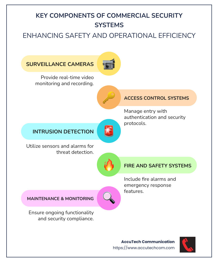 Infographic detailing key components and benefits of commercial security systems, including surveillance cameras, alarms, access control, and routine maintenance options, with a section on contract considerations and emergency response features. - commercial security systems infographic infographic-line-5-steps-colors