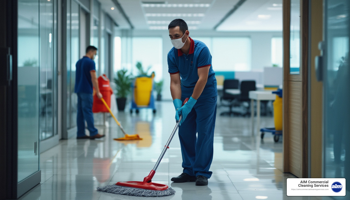 Janitorial staff cleaning office floor - janitorial maintenance services