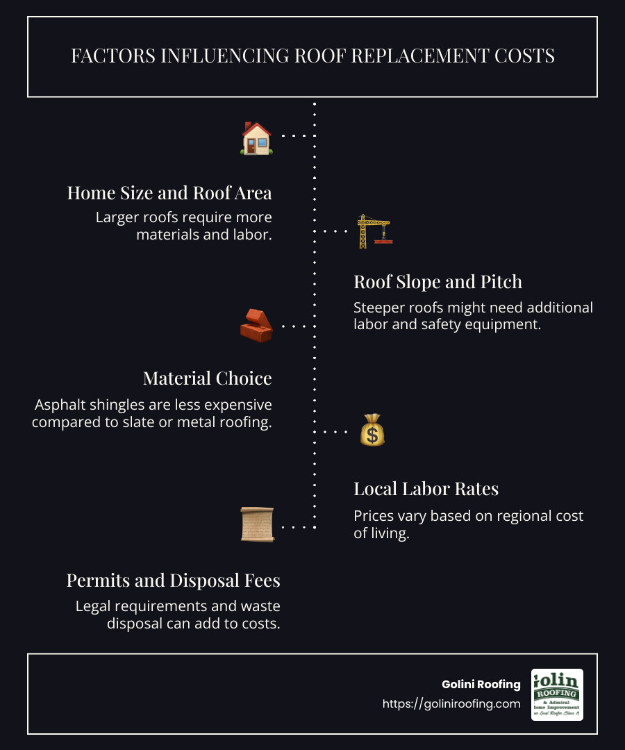 Detailed infographic showing factors influencing roof replacement costs—includes roof size, pitch, materials, labor rates, permits, and disposal fees—with visuals like a scale for cost comparison, a house with a steep roof, material samples, and a regional map highlighting different labor rates across areas - house roofing cost estimator infographic infographic-line-5-steps-dark