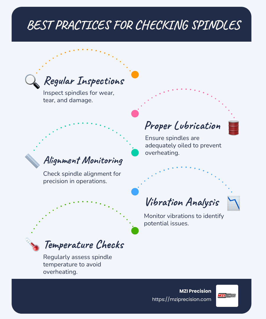 An infographic detailing steps for checking industrial manufacturing spindles, including visual inspection, auditory checks, lubrication, alignment, and temperature monitoring. - what's the best way to check spindles infographic infographic-line-5-steps-blues-accent_colors