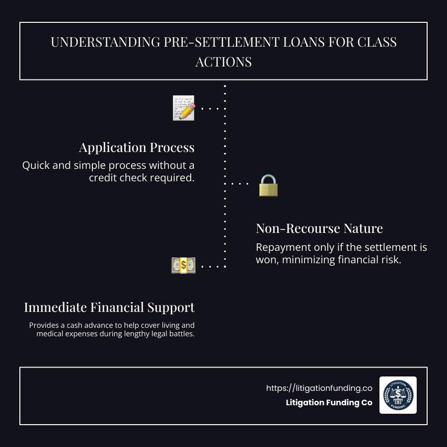 Infographic detailing key benefits and process of pre settlement loans for class action, including no credit check, non-recourse nature, and quick application process suitable for those in financial distress - pre settlement loans for class action infographic infographic-line-3-steps-dark Infographic detailing key benefits and process of pre settlement loans for class action, including no credit check, non-recourse nature, and quick application process suitable for those in financial distress - pre settlement loans for class action infographic infographic-line-3-steps-dark