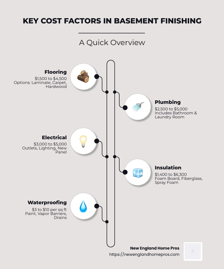 Infographic detailing basement finishing cost factors including waterproofing and labor costs, with average cost per sq ft for finished basements - cost to finish basement per sq ft infographic infographic-line-5-steps-neat_beige