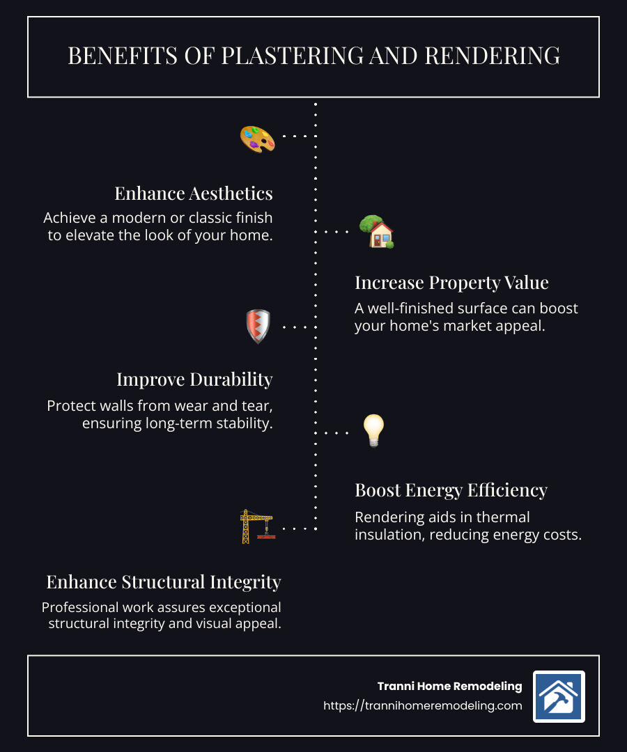 Detailed infographic showing benefits and types of plastering and rendering services, including aesthetic improvement, property value increase, improved durability, and energy efficiency, with icons and brief explanations for each benefit - plastering and rendering services infographic infographic-line-5-steps-dark