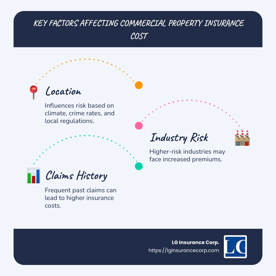Key factors affecting commercial property insurance cost: location, industry risk, and claims history - commercial property insurance cost infographic infographic-line-3-steps-blues-accent_colors