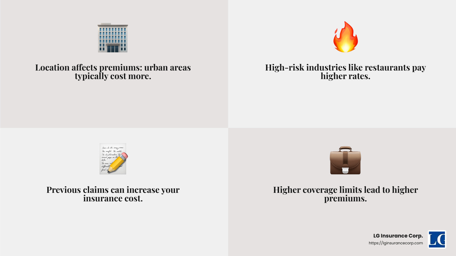 Factors influencing commercial property insurance cost - commercial property insurance cost infographic 4_facts_emoji_grey