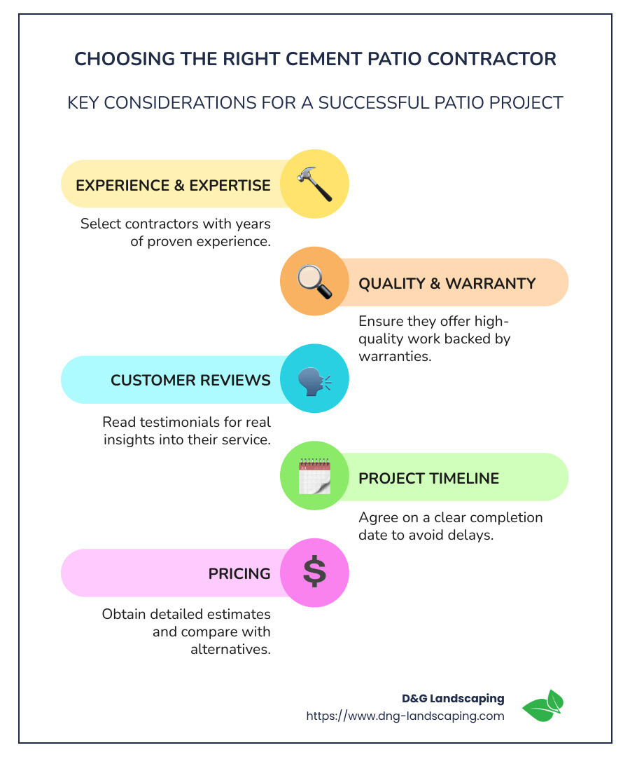 Infographic detailing the benefits and tips for choosing the right cement patio contractor, showing comparison charts, checklist for selecting contractors, and illustrations of cement patios versus other materials - cement patio contractors near me infographic infographic-line-5-steps-colors