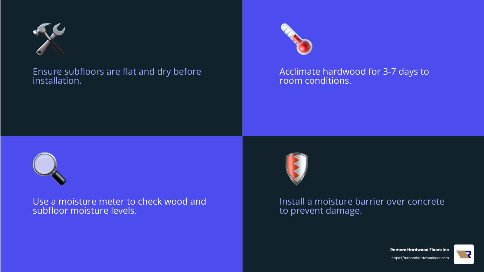 Moisture barrier installation - Hardwood floors installation process infographic 4_facts_emoji_blue