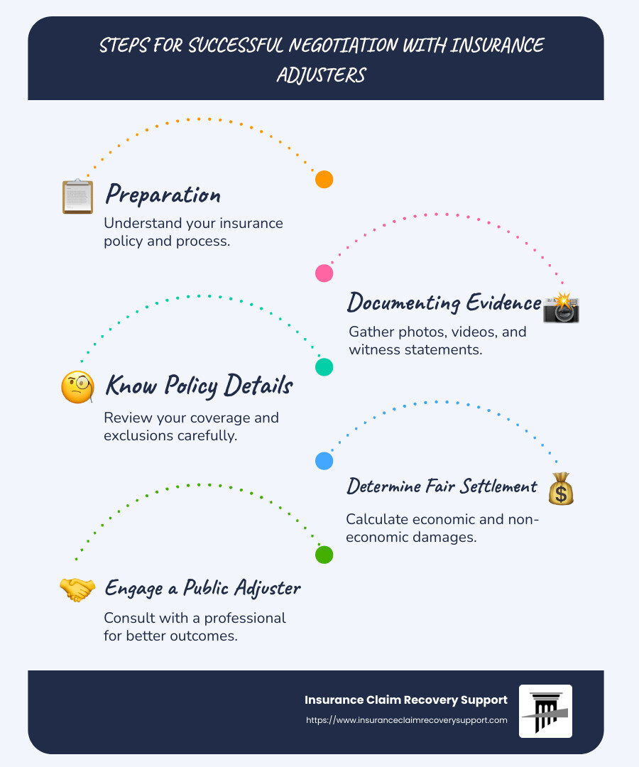 Steps for Successful Negotiation with Insurance Adjusters: Preparation, Documenting Evidence, Knowing Policy Details, Determining Fair Settlement, Engaging a Public Adjuster - how to negotiate a settlement with an insurance claims adjuster infographic infographic-line-5-steps-blues-accent_colors