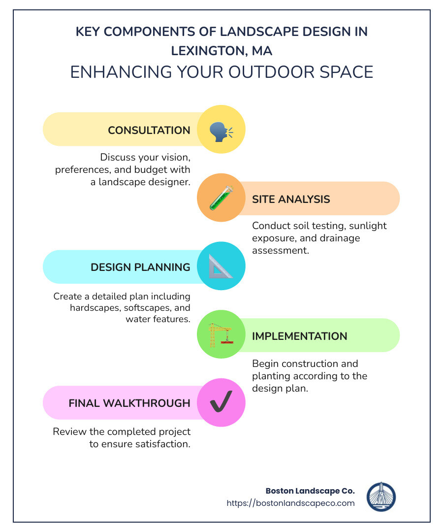 Infographic highlighting the key components and benefits of landscape design in Lexington, MA, including steps like consultation, site analysis, and project completion. - landscape design lexington ma infographic infographic-line-5-steps-colors