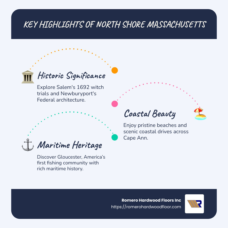 Key highlights of north shore Massachusetts, including prominent coastal towns like Gloucester and Salem, historical significance with mentions of Salem Witch Trials and Federal architecture in Newburyport, and natural attractions such as beaches and scenic coastal drives. - north shore of ma infographic infographic-line-3-steps-blues-accent_colors
