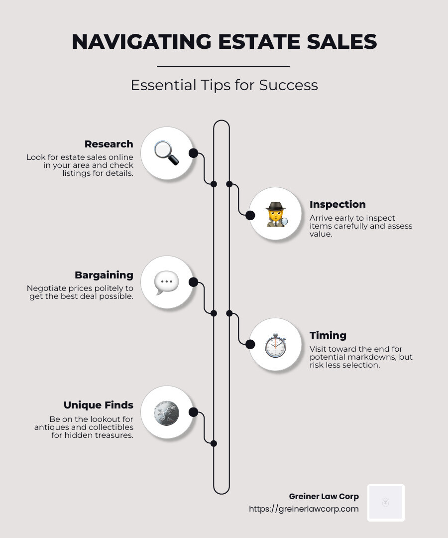Infographic detailing the types of items found at estate sales, including antiques, art, jewelry, and collectibles, with a focus on savvy shopping and understanding estate liquidation processes. - estates infographic infographic-line-5-steps-neat_beige