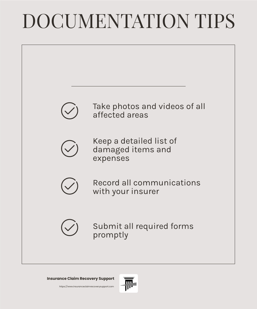 Proper documentation is crucial for a successful insurance claim. - freeze damage claims infographic checklist-light-beige