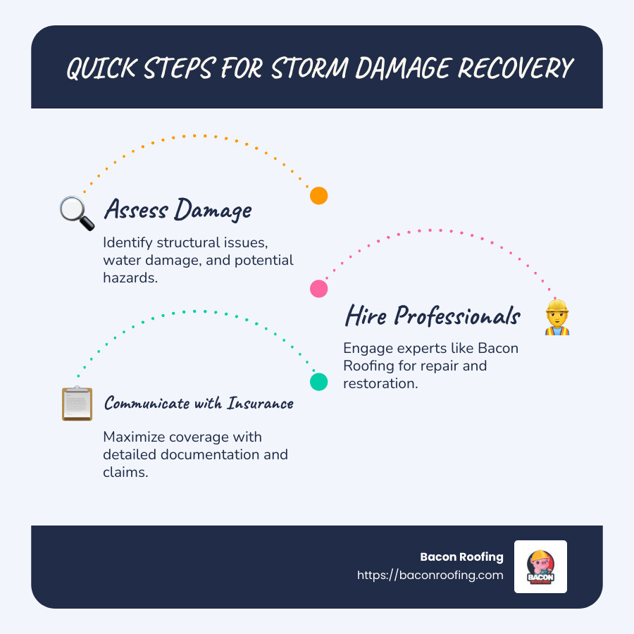 Infographic illustrating quick steps: Assess, Hire Professionals, Communicate with Insurance - storm damage repair services infographic infographic-line-3-steps-blues-accent_colors