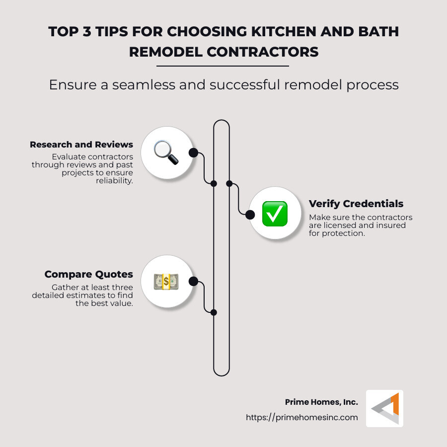 Infographic showing the top 3 tips for choosing kitchen and bath remodel contractors; includes images of a checklist, a handshake symbolizing agreement, and a light bulb representing innovation. - kitchen and bath remodel contractors near me infographic infographic-line-3-steps-neat_beige