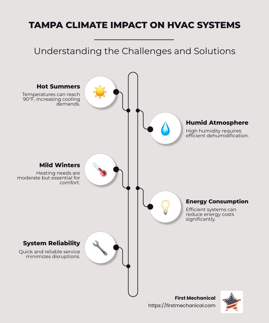Infographic showing Tampa's seasonal climate impacts on HVAC systems and energy consumption - Heating and cooling Tampa infographic infographic-line-5-steps-neat_beige