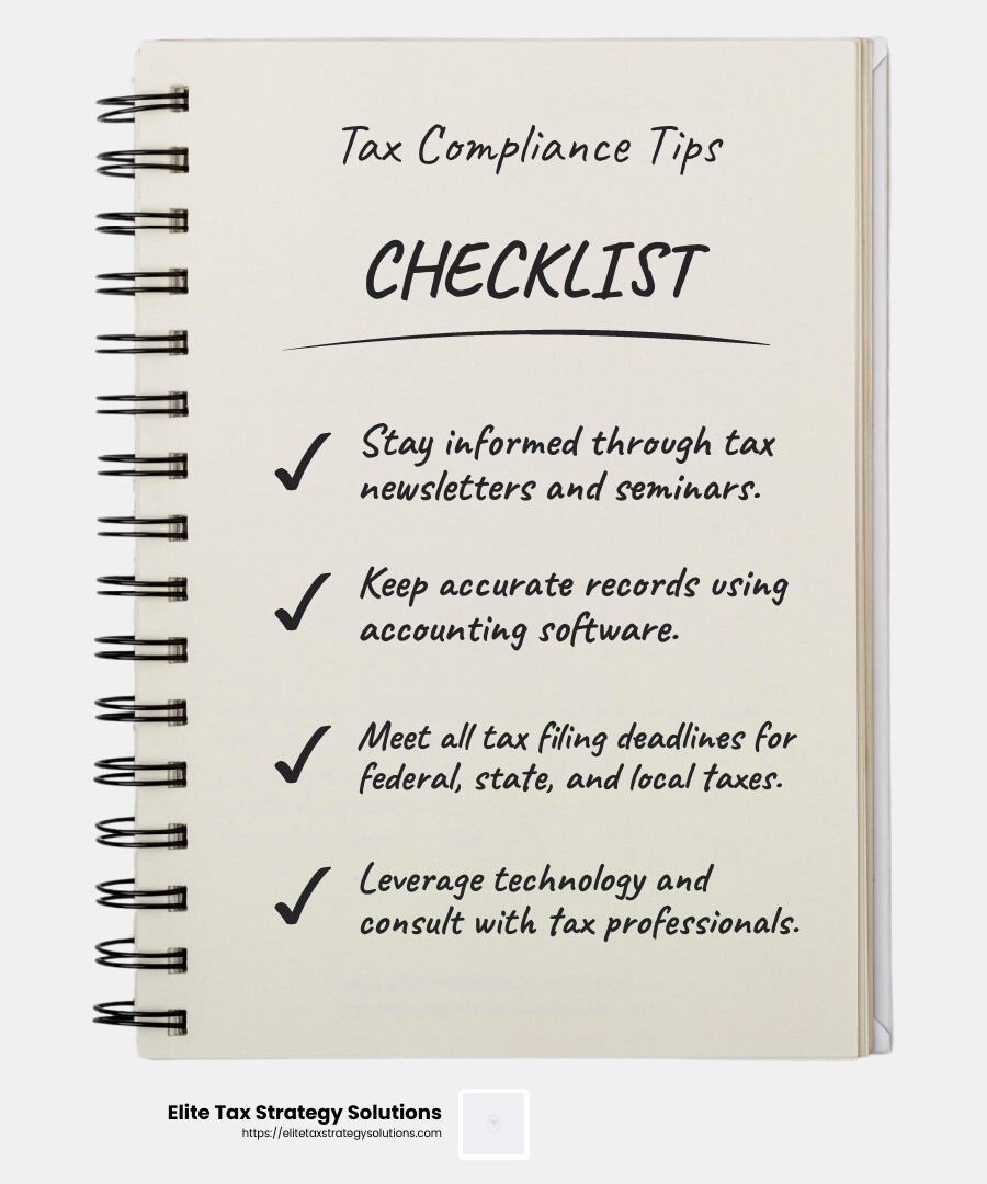 Staying informed about tax laws is crucial for compliance. - accounting and tax compliance infographic checklist-notebook