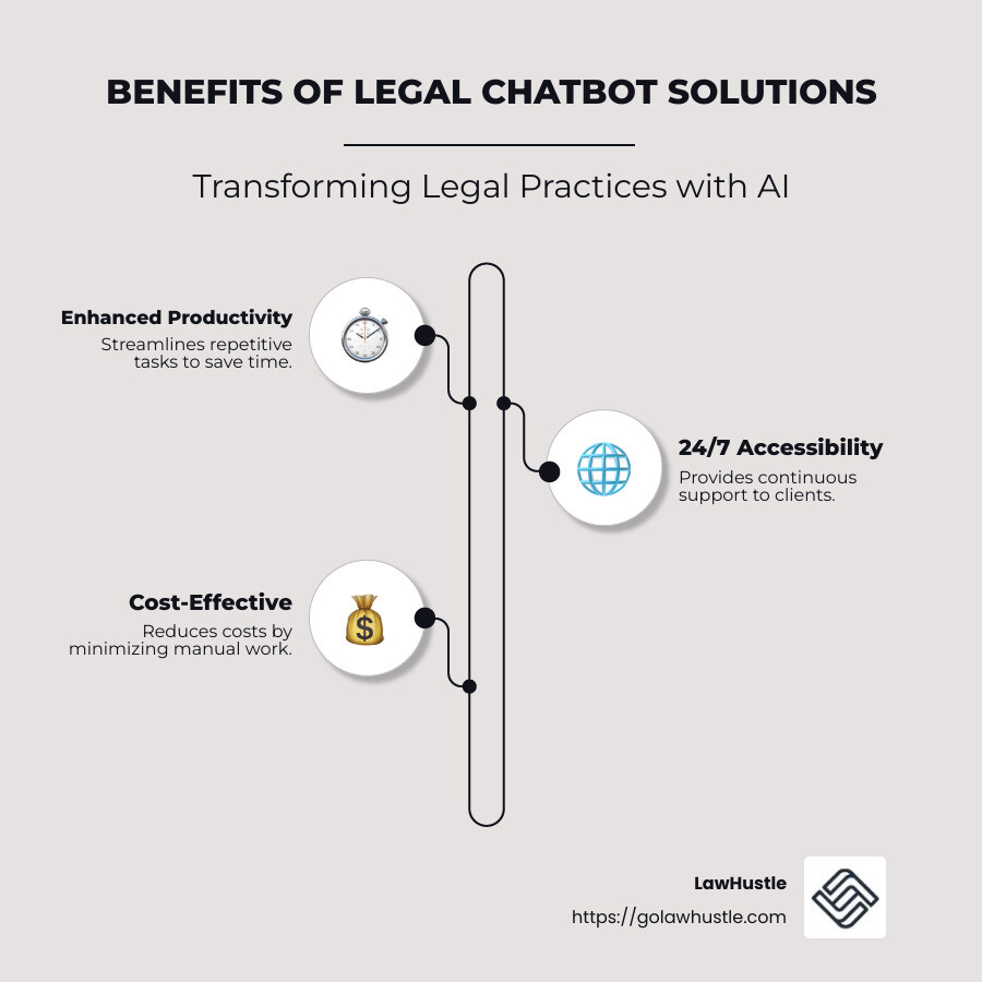 Infographic detailing benefits of Legal Chatbot Solutions in law firms, including automation of lead generation, reduction of labor time, and 24/7 client assistance. - Legal Chatbot Solutions infographic infographic-line-3-steps-neat_beige