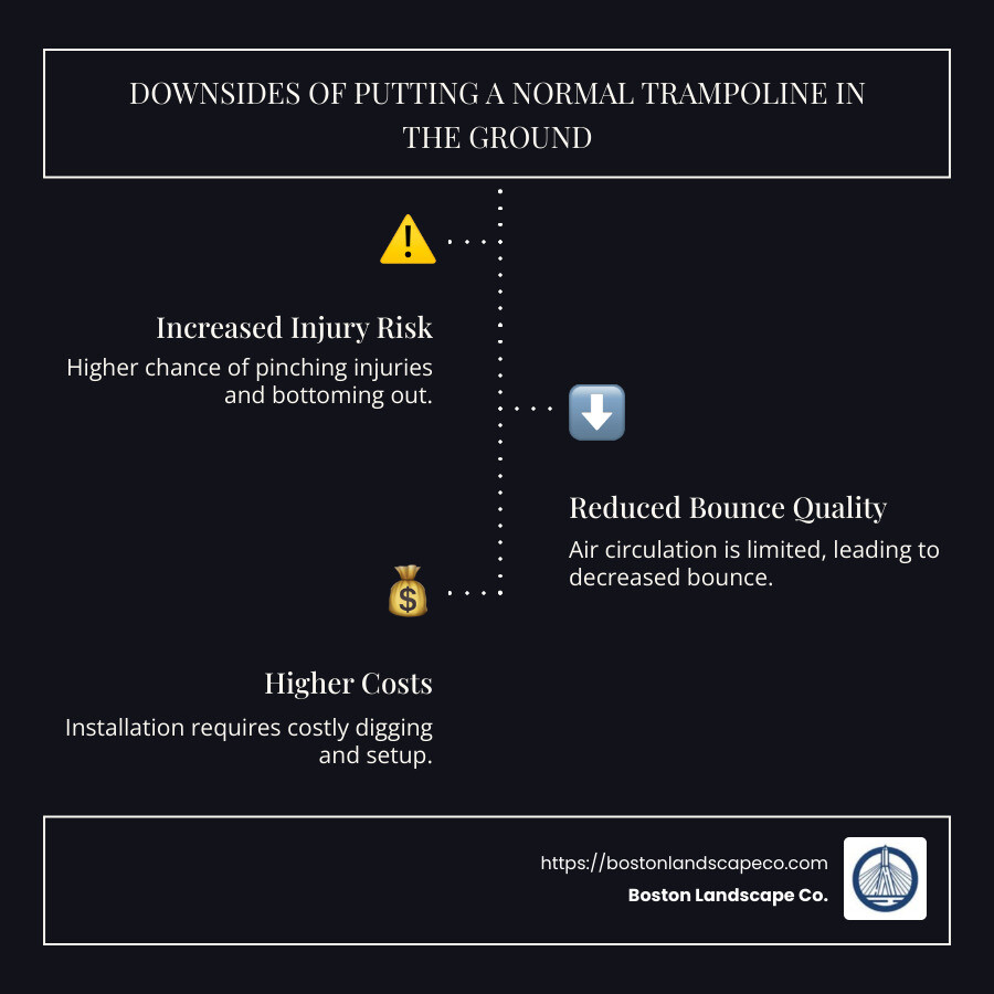 infographic highlighting the downsides of putting a normal trampoline in the ground such as increased injury risk, reduced bounce quality, and higher costs with visuals of digging, trampoline parts, and dollar signs - can i put a normal trampoline in the ground infographic infographic-line-3-steps-dark