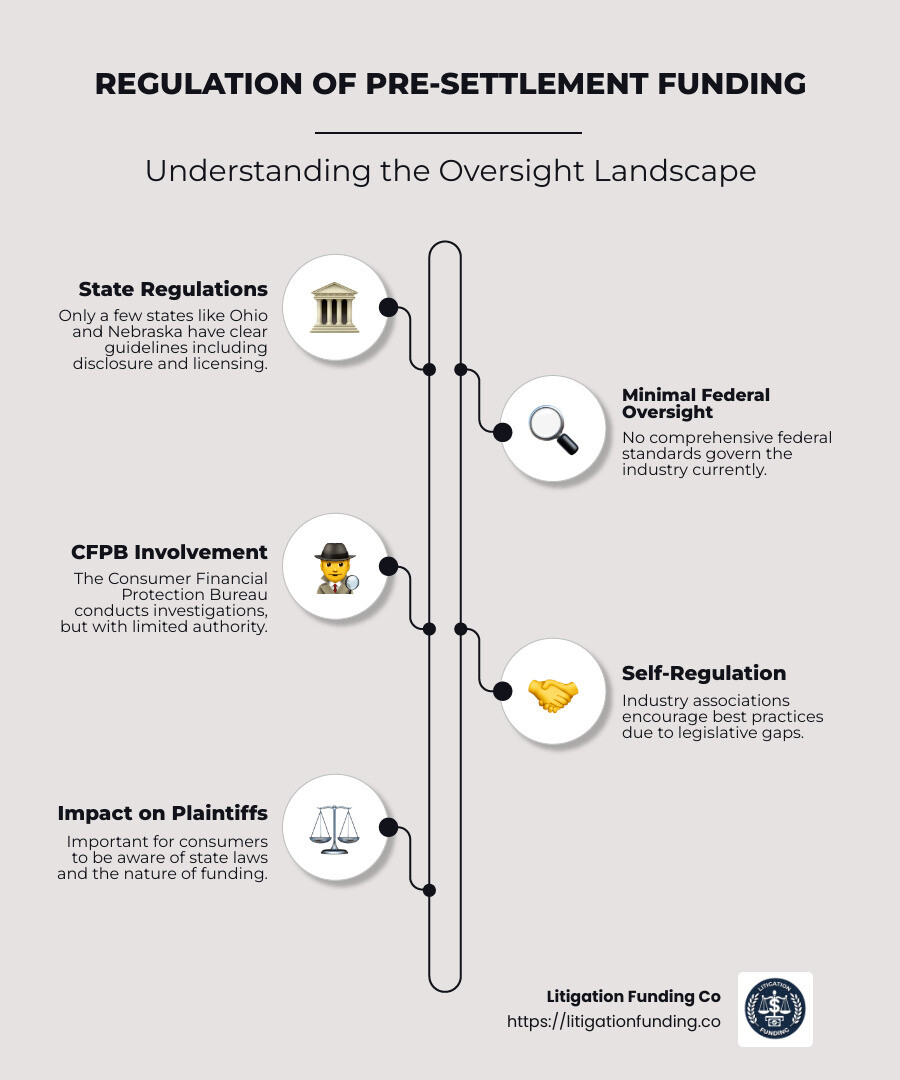 Infographic detailing state-by-state regulation of pre-settlement funding, highlighting states with specific licensing and disclosure requirements, along with a comparison of federal oversight. Includes graphics to represent various states and a magnifying glass emphasizing scrutiny. - who regulates pre settlement funding infographic infographic-line-5-steps-neat_beige