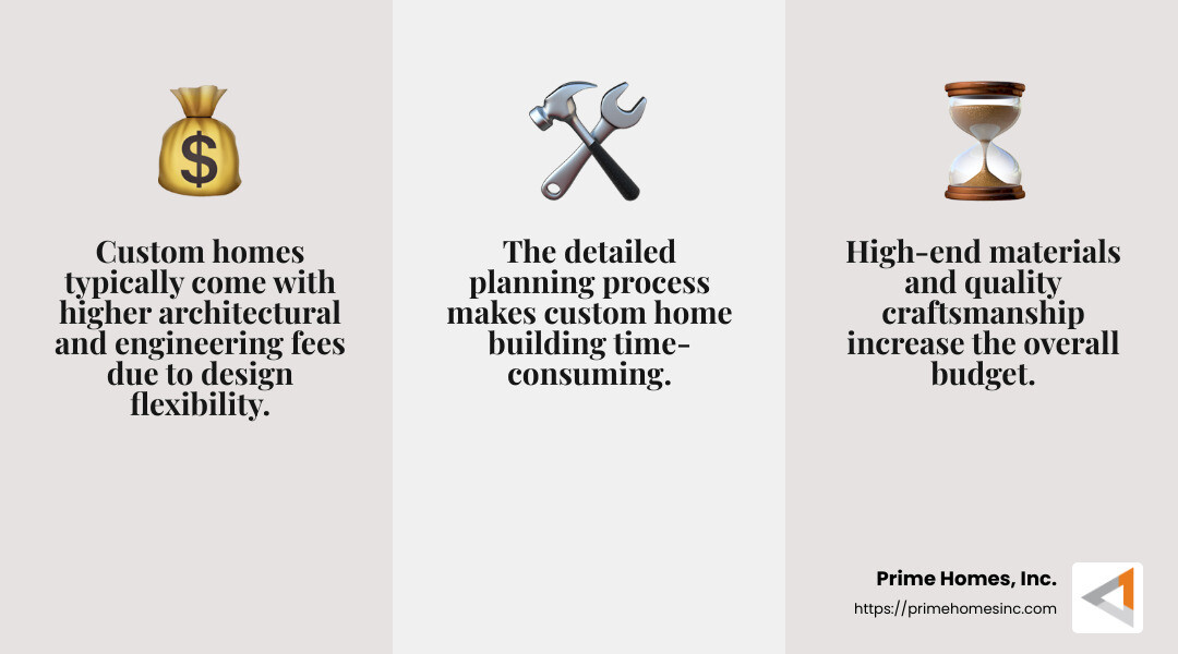 Higher costs are a common factor in custom home building. - custom homes infographic 3_facts_emoji_grey