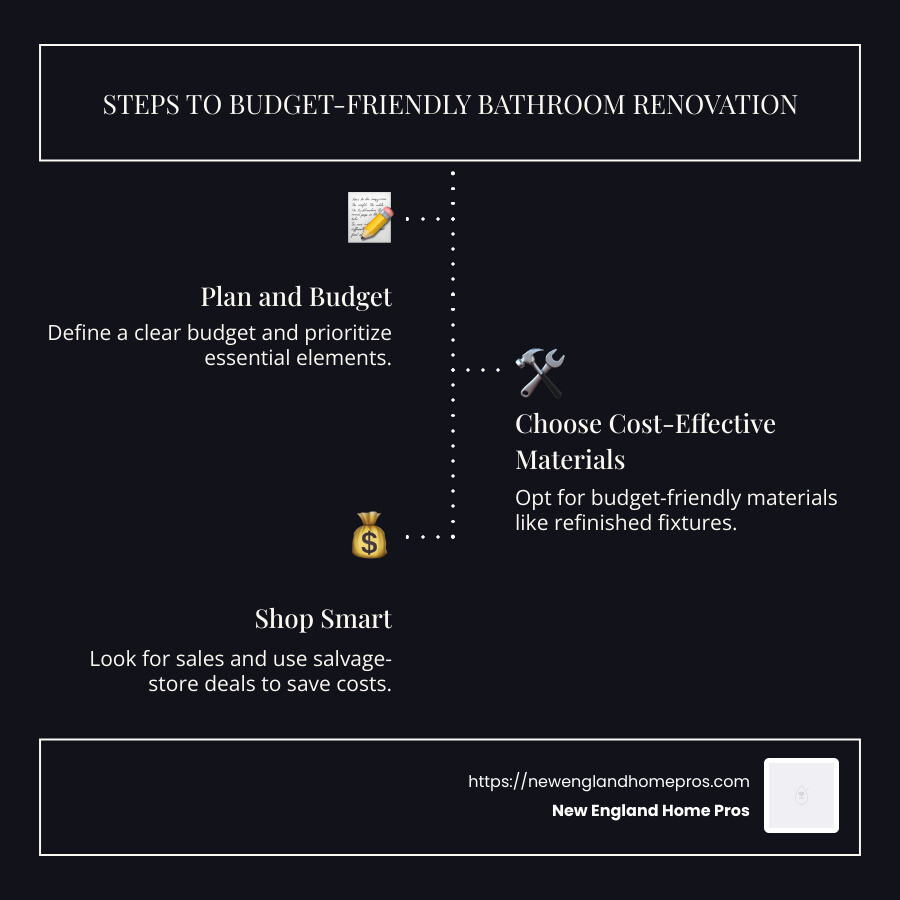 Infographic detailing average costs and budget-friendly tips for simple bathroom renovation - simple bathroom renovation cost infographic infographic-line-3-steps-dark