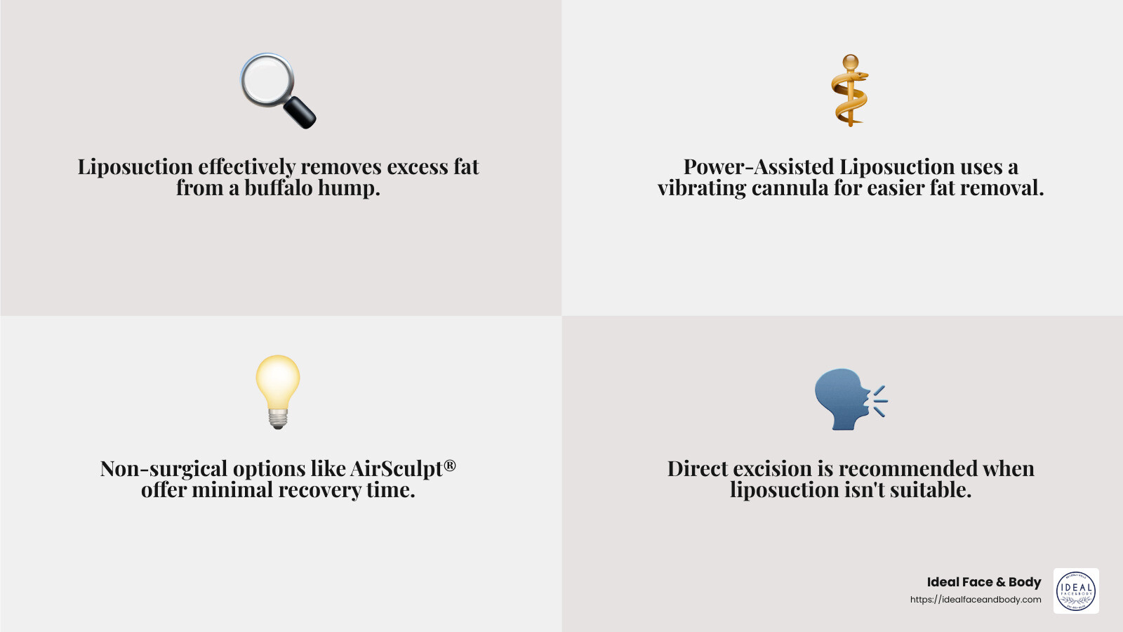 Liposuction is a popular choice for buffalo hump removal, with minimal scarring and effective results. - can a buffalo hump be removed infographic 4_facts_emoji_grey