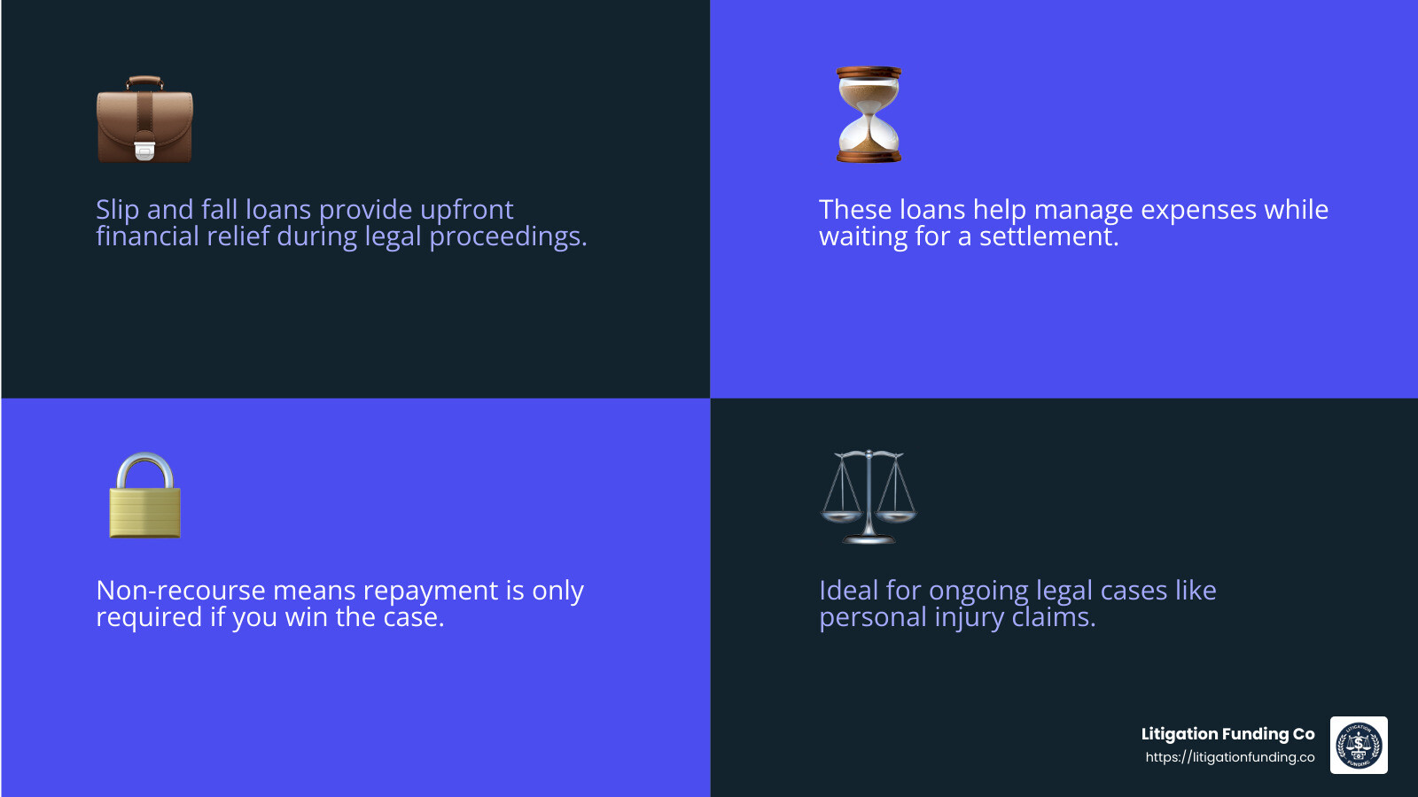 Lawsuit loans provide financial relief during legal proceedings. - slip and fall loan infographic 4_facts_emoji_blue