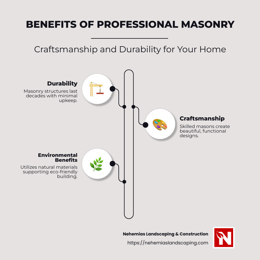 infographic exploring masonry craftsmanship and durability benefits for suburban homeowners - Professional masonry services infographic infographic-line-3-steps-neat_beige
