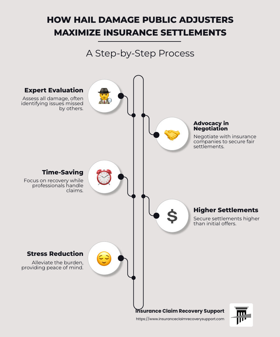 Detailed infographic on how hail damage public adjusters aid in maximizing insurance settlements - hail damage public adjuster infographic infographic-line-5-steps-neat_beige