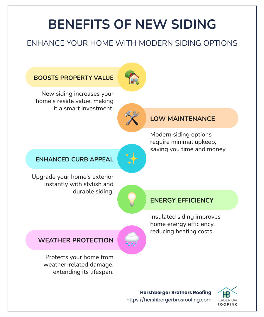 Infographic detailing the benefits of siding: low maintenance, energy efficiency and increased home value - siding contractors cleveland ohio infographic infographic-line-5-steps-colors