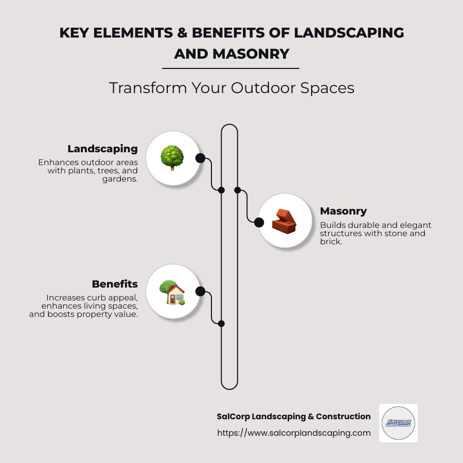 Infographic highlighting the key elements and benefits of landscaping and masonry, featuring bullet points and visuals of gardens, patios, and stonework - landscaping and masonry infographic infographic-line-3-steps-neat_beige