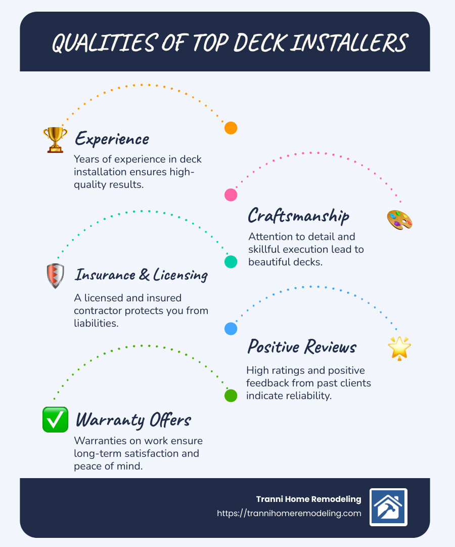 Infographic showcasing qualities of top deck installers like experience and insurance - best deck installers near me infographic infographic-line-5-steps-blues-accent_colors