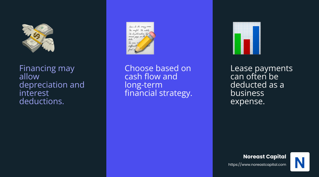 9519e5800f5698431106d1e06aab155659f2802a The Great Debate: Equipment Leasing vs. Financing Discover the key differences between equipment financing vs leasing to make informed financial decisions for your business growth. Leasing vs Financing Tax Benefits - equipment financing vs leasing infographic 3_facts_emoji_blue