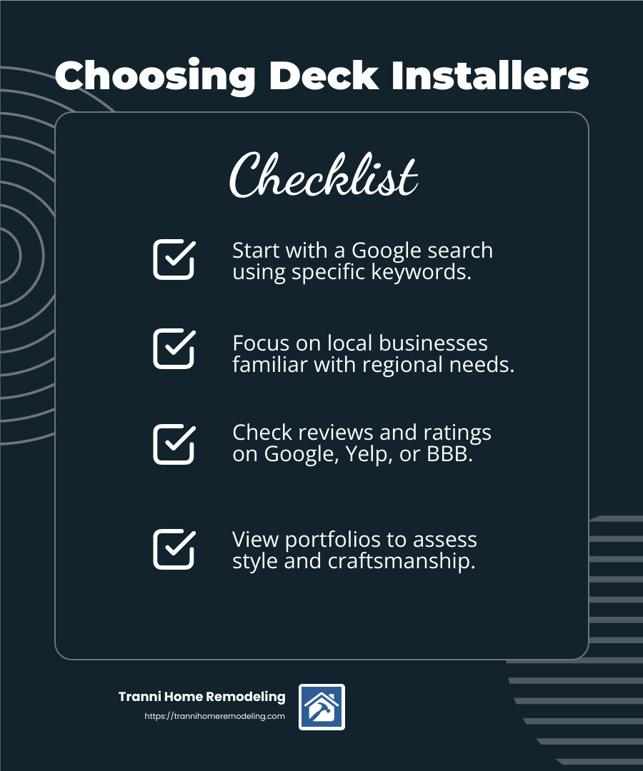 Reviews and ratings are key indicators of a contractor's reliability and quality. Source: Forbes - best deck installers near me infographic checklist-dark-blue