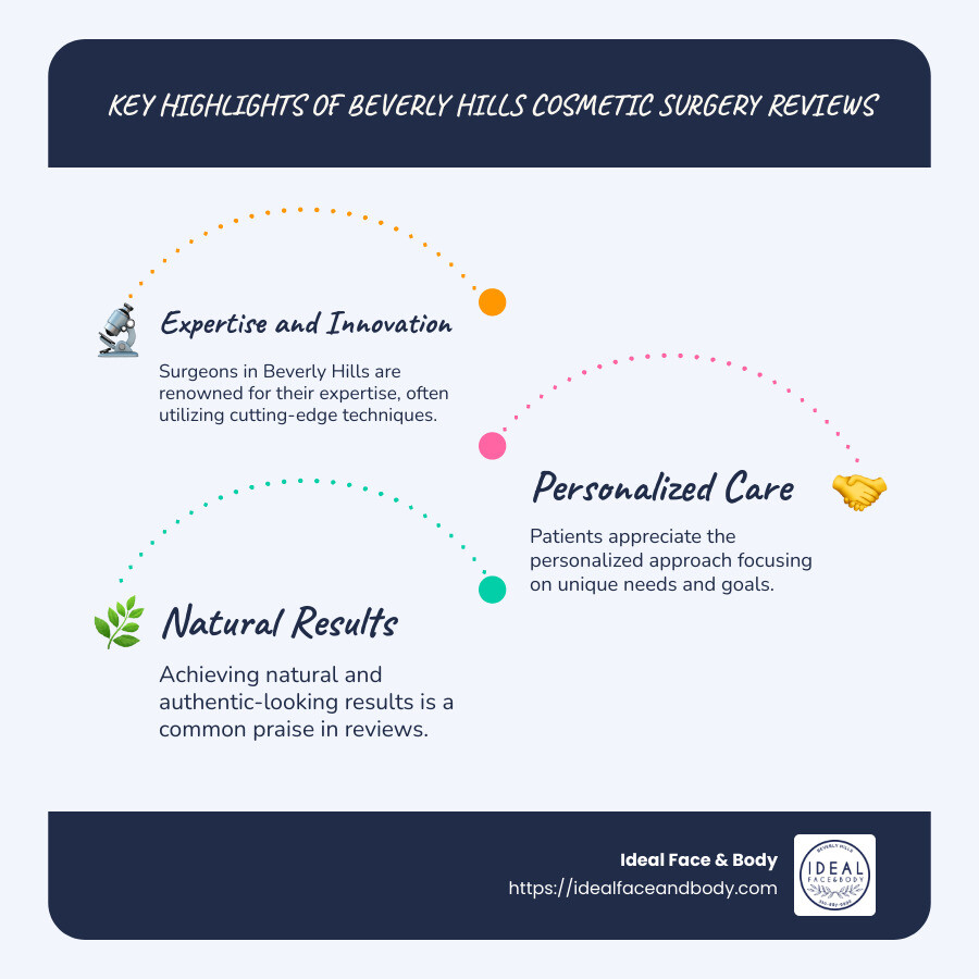Infographic highlighting top features of Beverly Hills cosmetic surgery such as surgeon expertise, personalized care, and natural results - Beverly Hills cosmetic surgery reviews infographic infographic-line-3-steps-blues-accent_colors